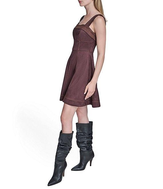 BCBG Suede Square Neck Sleeveless Wide Strap Fit & Flare Dress Product Image