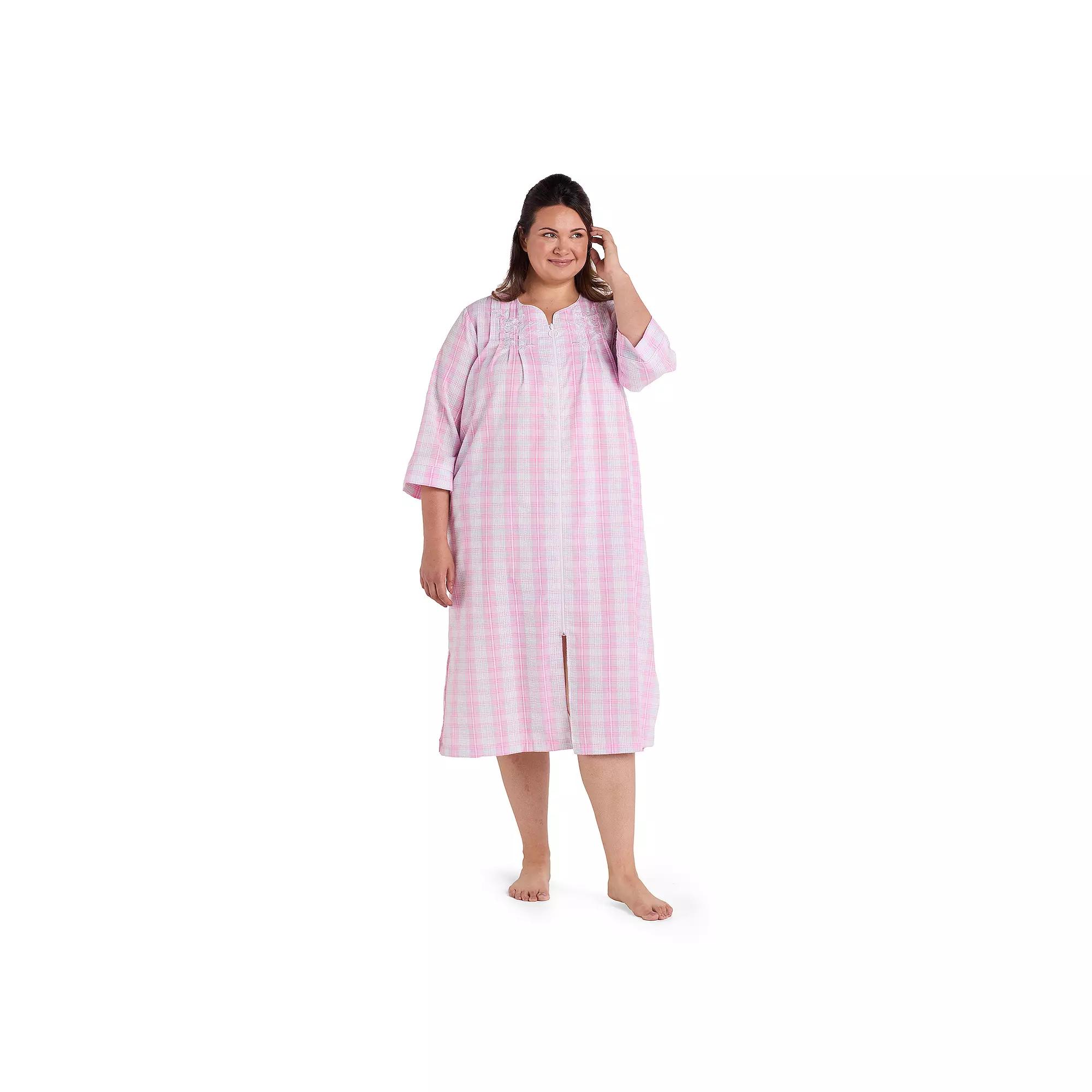 Plus Size Miss Elaine Essentials Seersucker Long Zip Robe, Women's, Size: 2XL, Pink Plaid Product Image