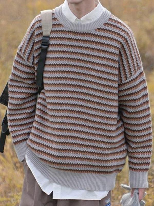 Men's Vintage Striped Crew Neck Knit Sweater Product Image