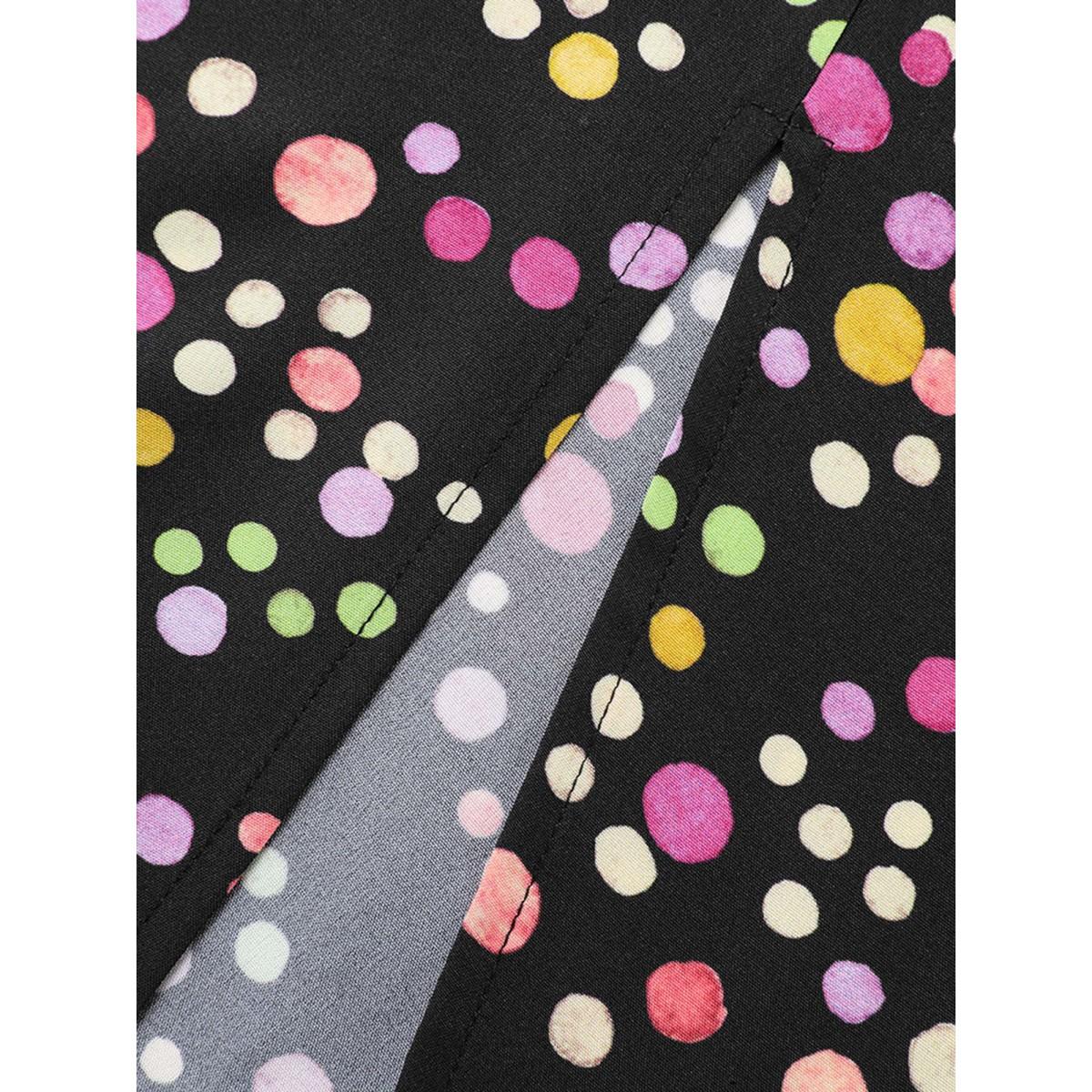 Plus Size Polka Dot Shirred Belted Split Hem Dress Black Women Elegant Belted V-neck Long Sleeve Curvy BloomChic 14-16/1X Product Image