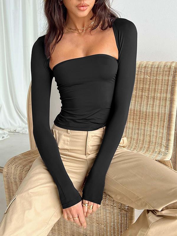 Long Sleeves Skinny Solid Color Collarless T-Shirts Tops Product Image