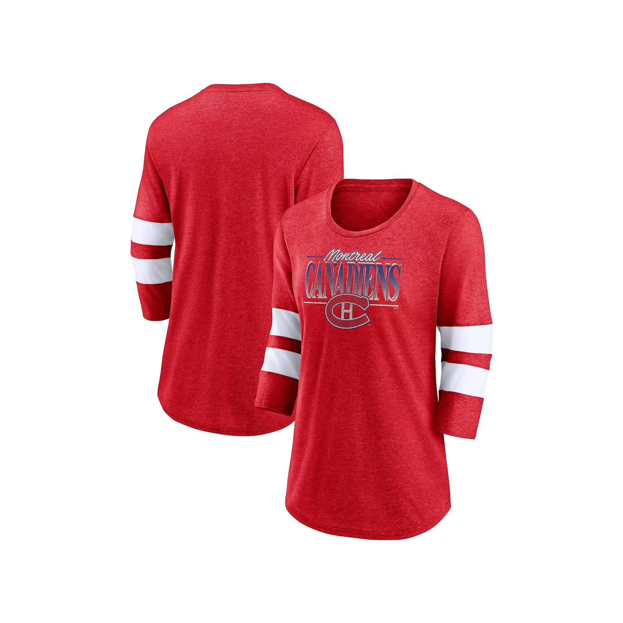 Women's Fanatics Branded Heathered Red/White Montreal Canadiens Full Shield 3/4-Sleeve Tri-Blend Raglan Scoop Neck T-Shirt, Size: Medium, Cnd Red Product Image