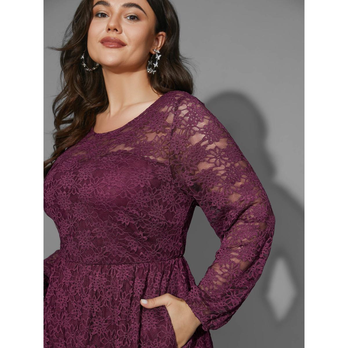 Plus Size Crochet Lace Mesh Pocket Knit Dress Deeppurplered Women Cocktail Woven ribbon&lace trim Knit Dresses Bloomchic 18-20/2X Product Image