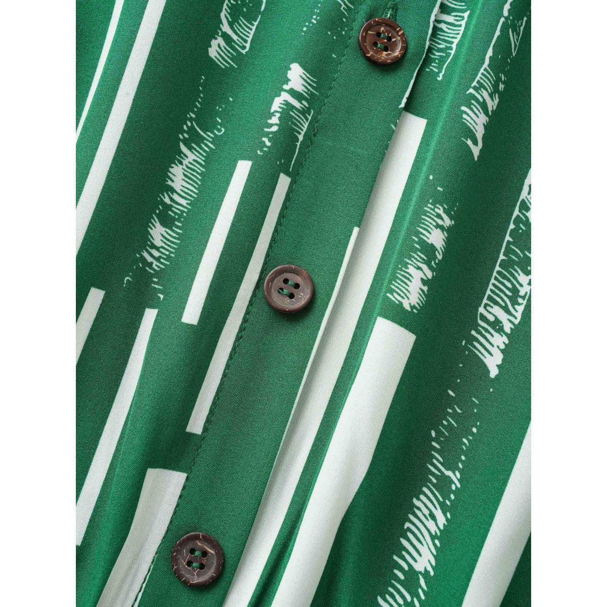 Plus Size Geometric Shirt Collar Tab Sleeve Belted Dress DarkGreen Women At the Office Belted Shirt collar Elbow-length sleeve Curvy Midi Dress BloomChic 18-20/2X Product Image