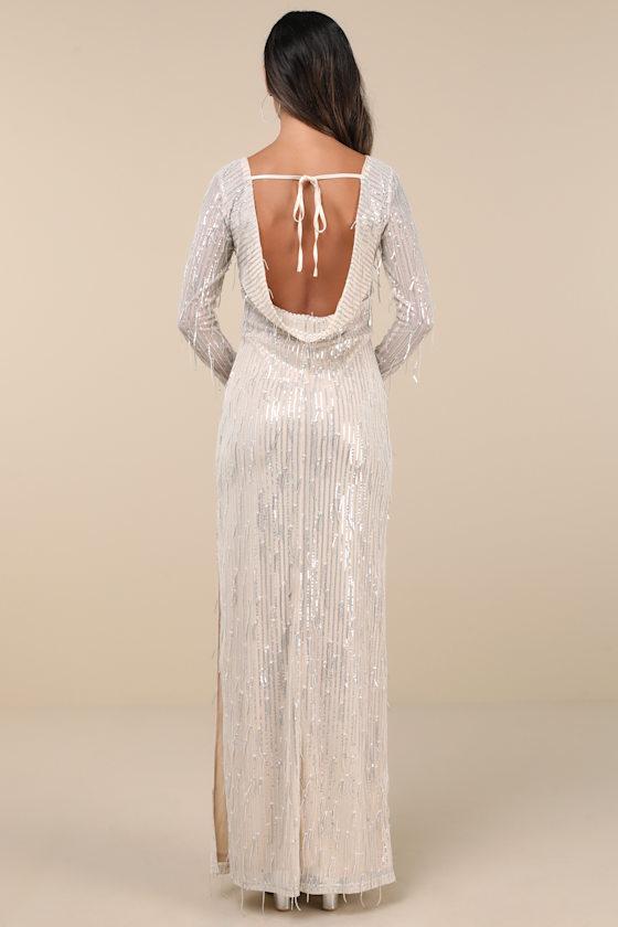 Glittery Devotion Champagne Sequin Fringe Maxi Dress Product Image