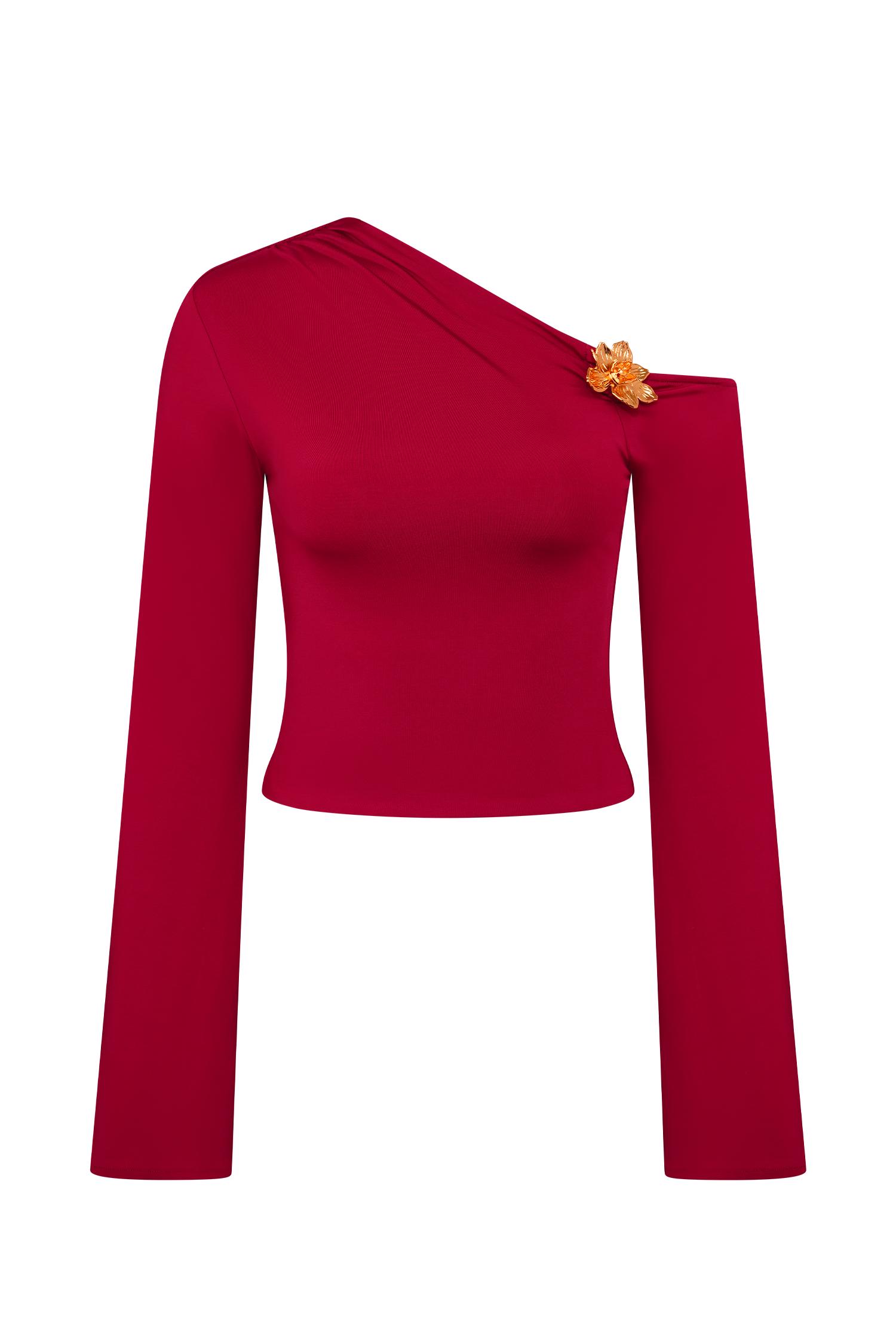 Ainsley Asymmetrical Long Sleeve Top With Floral Hardware - Fuchsia Pink Product Image