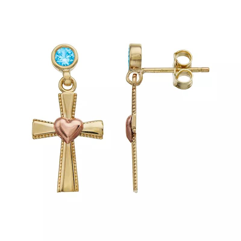 Kristen Kesho 10k Gold Lab-Created Gemstone Birthstone Heart Cross Dangle Earrings, Womens Product Image