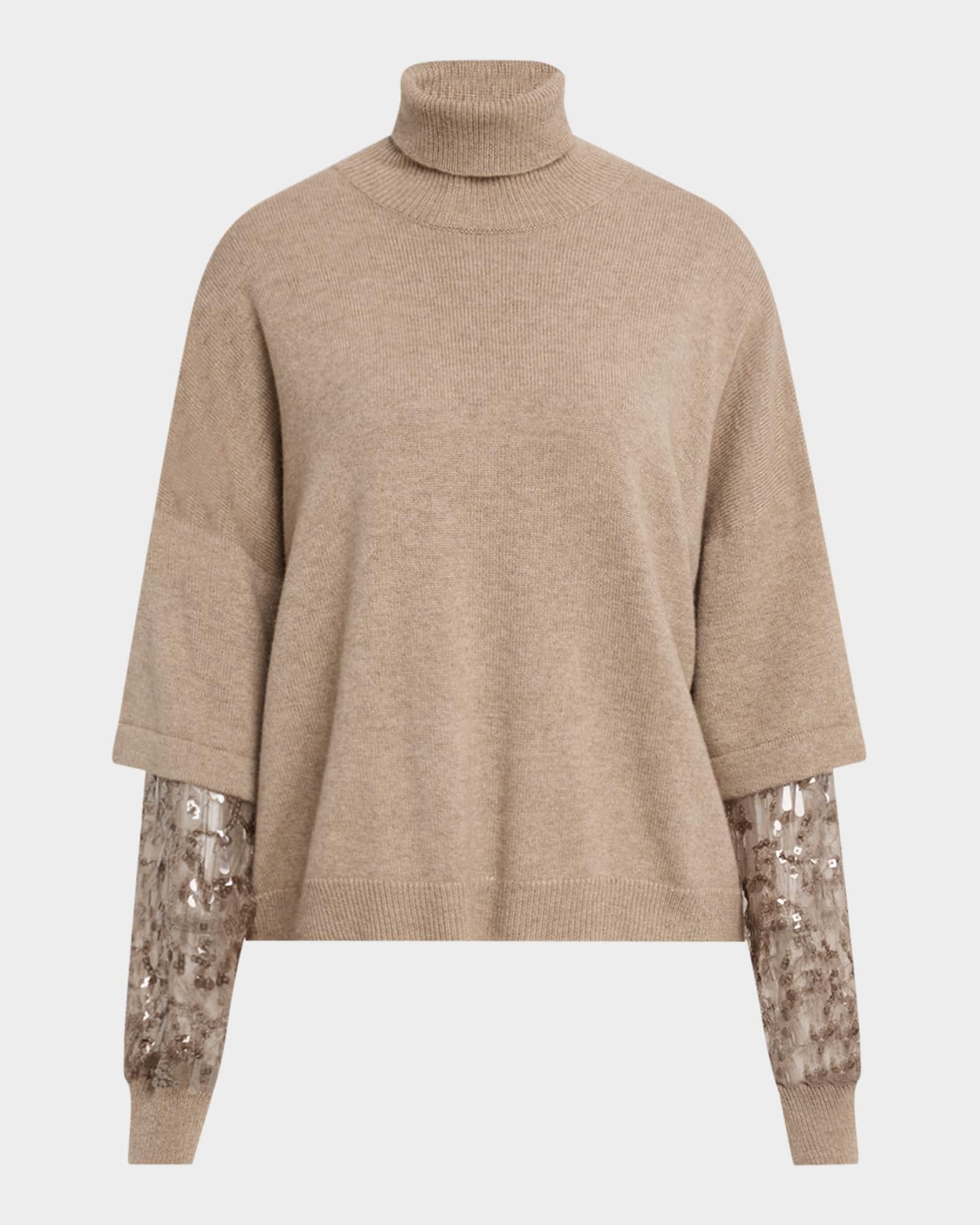 Cashmere Turtleneck Sweater with Sheer Sequined Sleeves Product Image