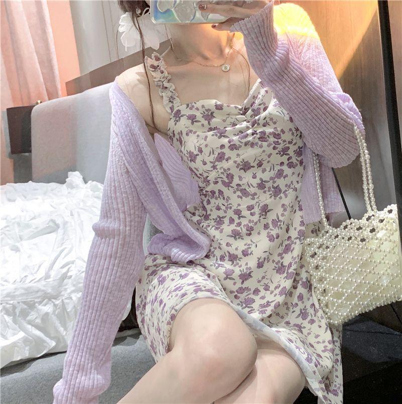 Spaghetti Strap Floral Print Mini A-Line Dress / Cardigan Product Image