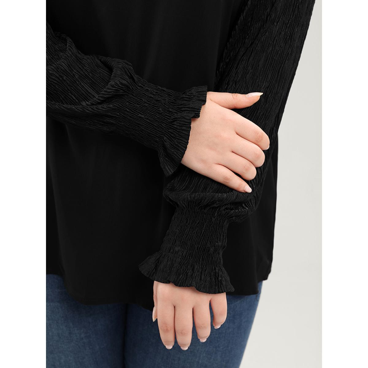 Plus Size Black Solid V Neck Puff Sleeve Blouse Women Elegant Long Sleeve V-neck Dailywear Blouses BloomChic 22-24/3X Product Image