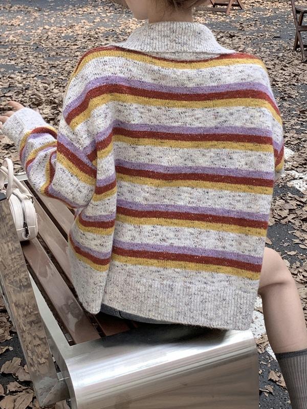 Striped Double Zip Lapel Neck Knit Cardigan Product Image