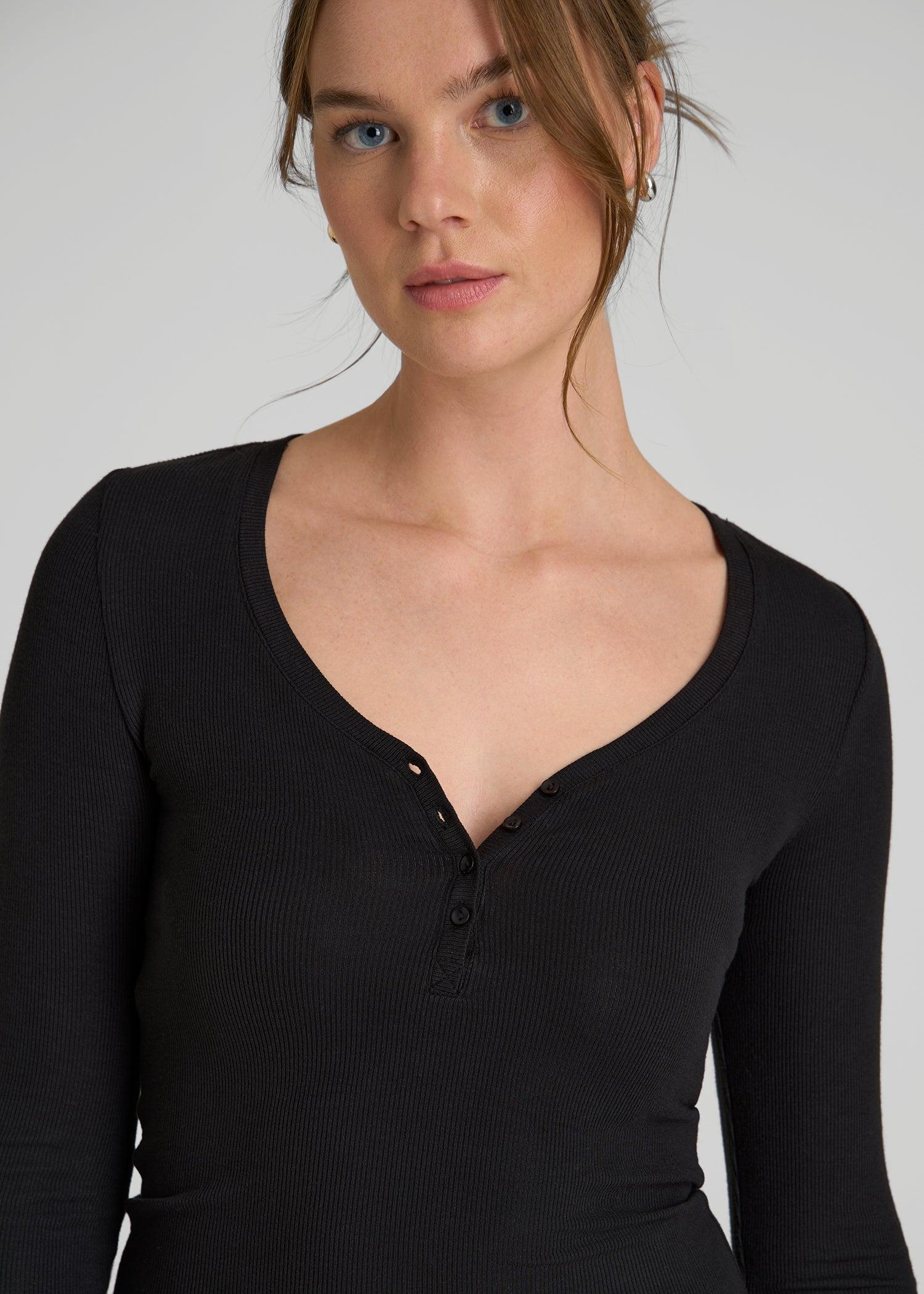 Fitted Ribbed Long Sleeve Henley for Tall Women in Black Female Product Image