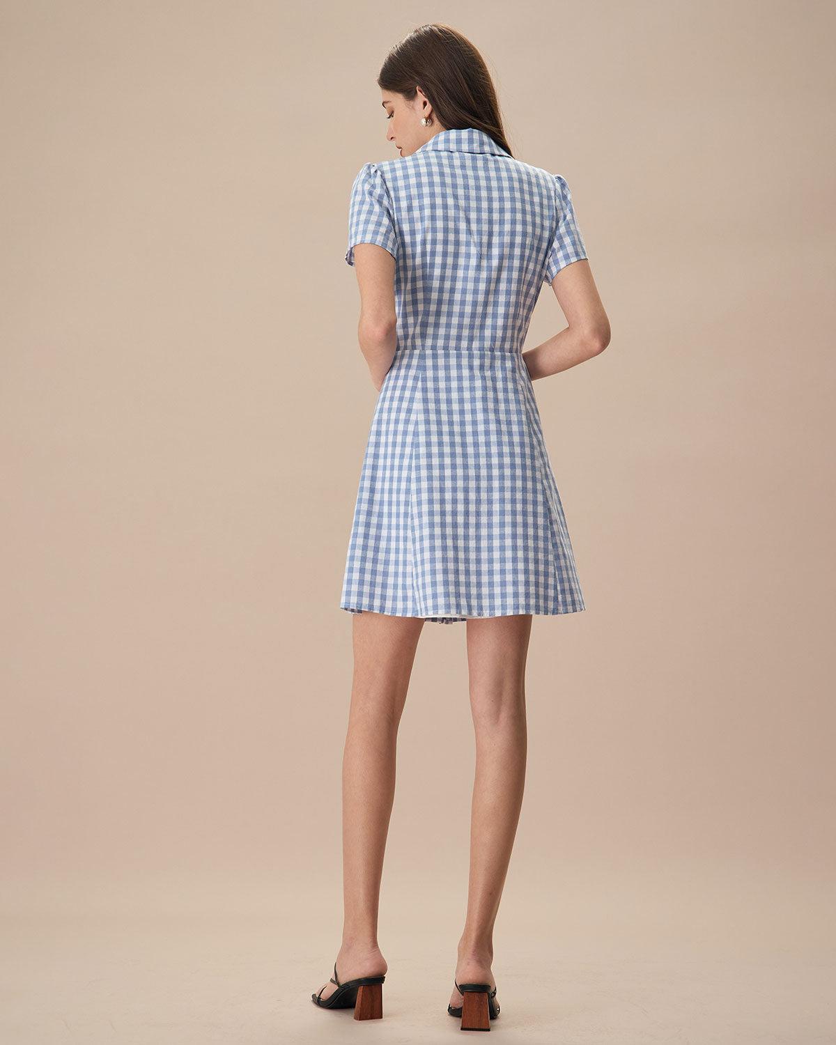 Women's Blue Plaid Lapel Cotton Mini Dress Female Product Image
