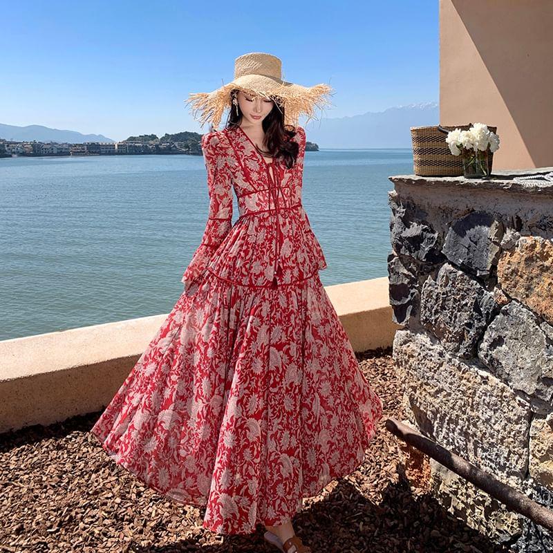 Long-Sleeve V-Neck Floral Print Tie Front Maxi A-Line Dress Product Image