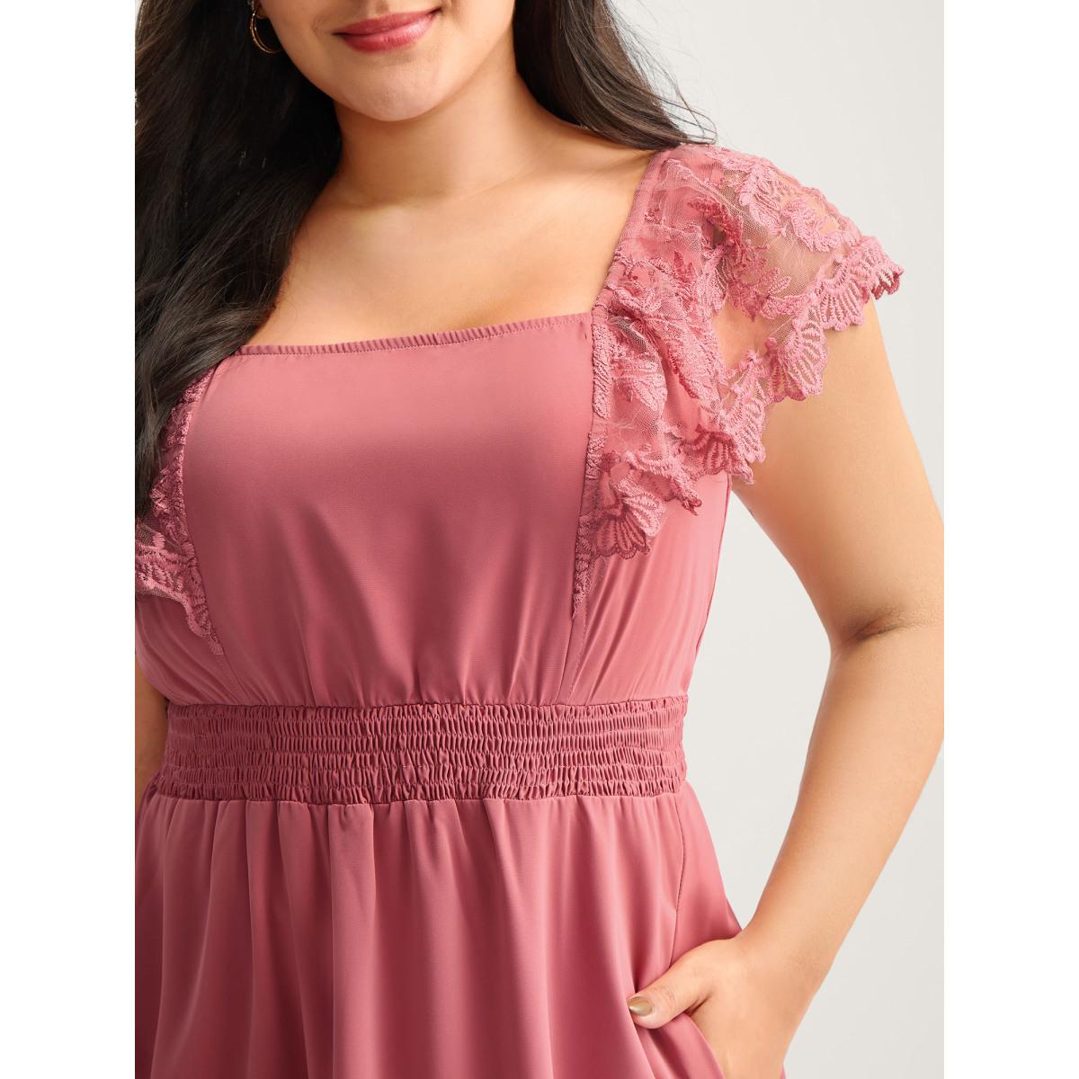 Plus Size Lace Trim Shirred Waist Midi Dress Beanpastepowder Women Square Neck Sleeveless Curvy BloomChic 30/6X Product Image