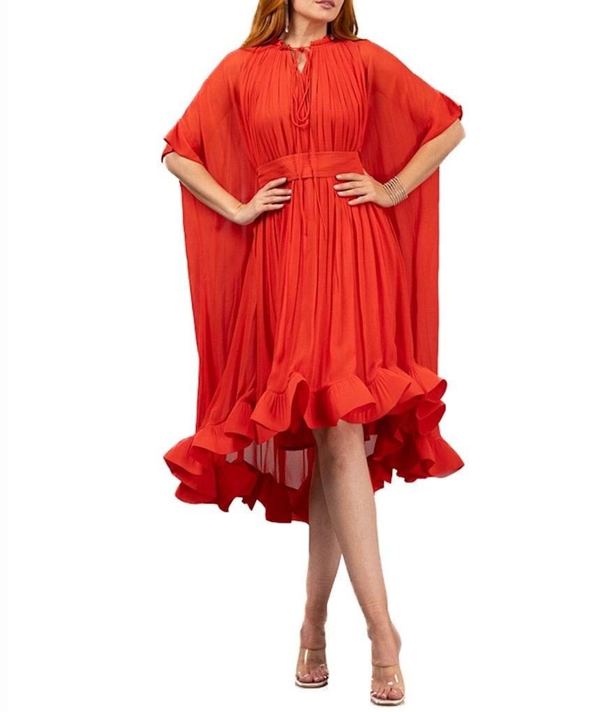 Terani Couture Tie Neck Short Capelet Sleeve Ruffle Hem Chiffon Caftan Dress Product Image