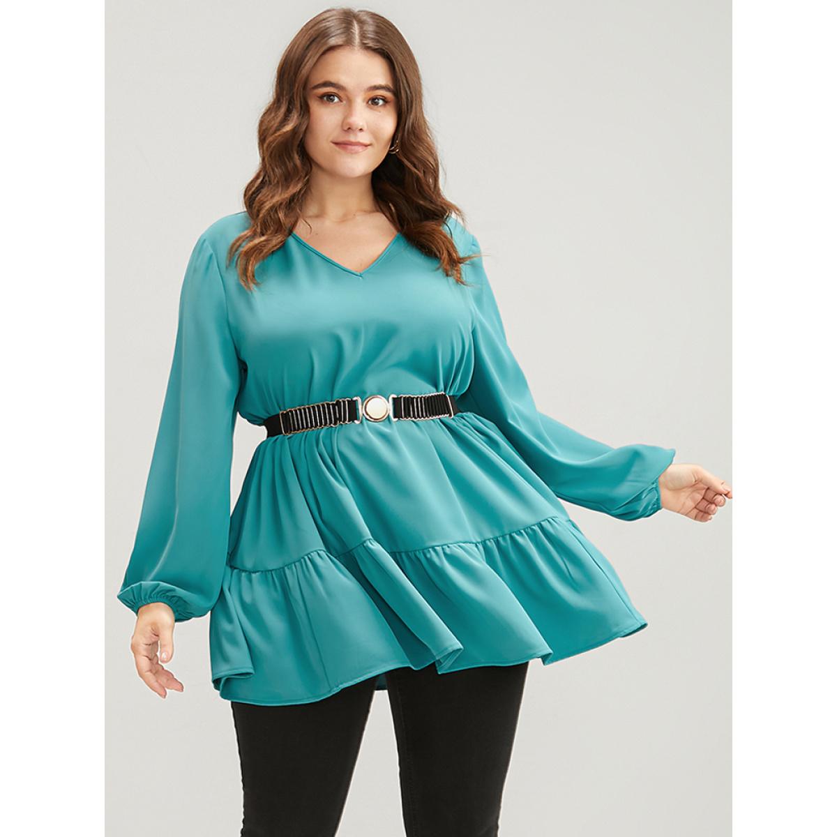 Plus Size Aegean Solid V Neck Lantern Sleeve Ruffle Hem Blouse Without Belt Women Elegant Long Sleeve V-neck Dailywear Blouses BloomChic 10/M Product Image