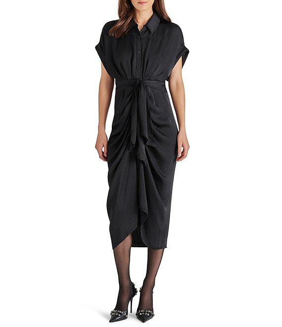Steve Madden Tori Satin Point Collar Short Kimono Cuff Sleeve Belted Ruched Front Asymmetrical Hem Midi Shirt Dress Product Image