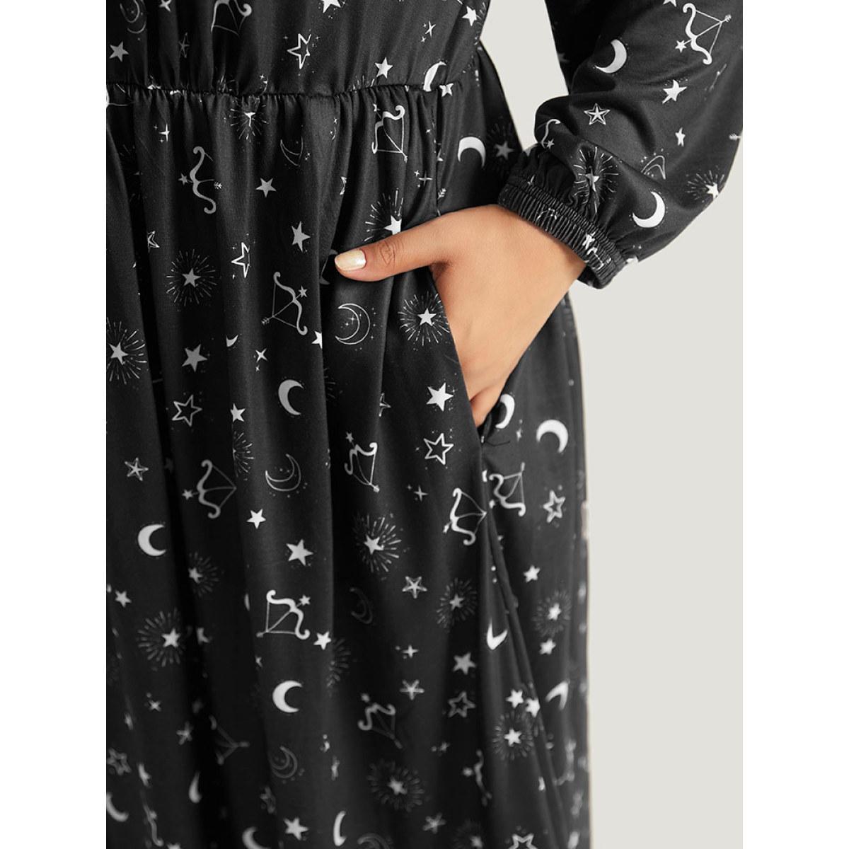 Plus Size Halloween Moon & Star Print Elastic Waist Lantern Sleeve Dress Black Women Casual Elastic cuffs Square Neck Long Sleeve Curvy Midi Dress BloomChic 28/5X Product Image