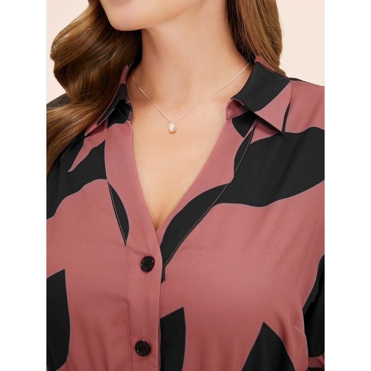 Plus Size Plant Pocket Puff Sleeve Belt Ruffle Hem Button Up Dress Multicolor Women Office Belted Shirt collar Short sleeve Curvy Knee Dress BloomChic 14-16/1X Product Image