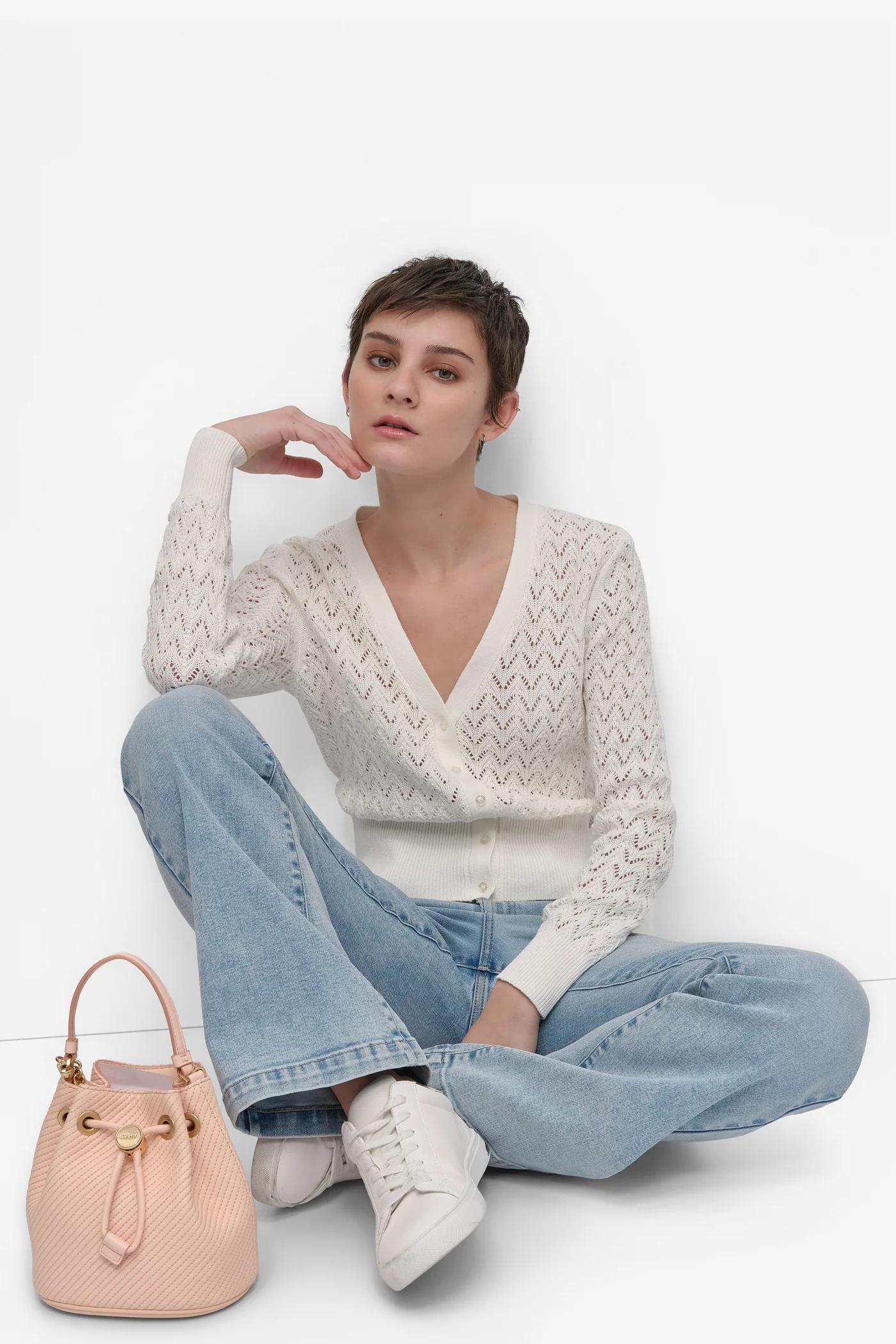 LONG SLEEVE POINTELLE STITCH V NECK CARDIGAN Product Image