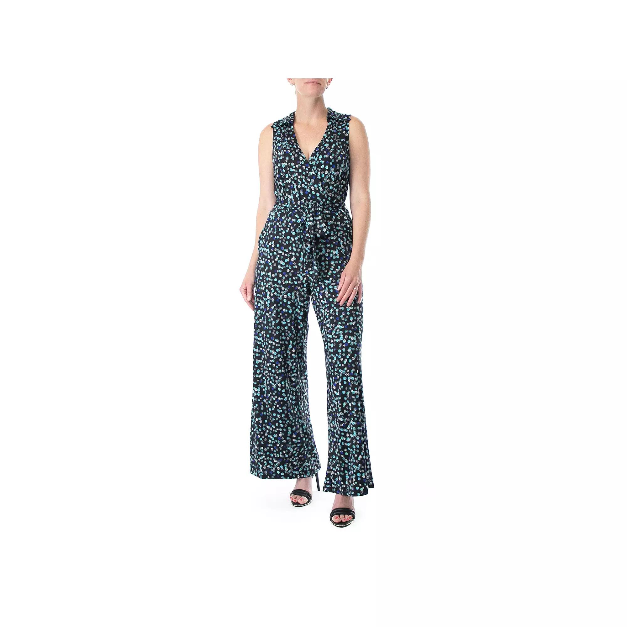 Women's Nina Leonard Print Collared Sleeveless Surplice Wide-Leg Jumpsuit, Size: Small, Black Rift Team Product Image