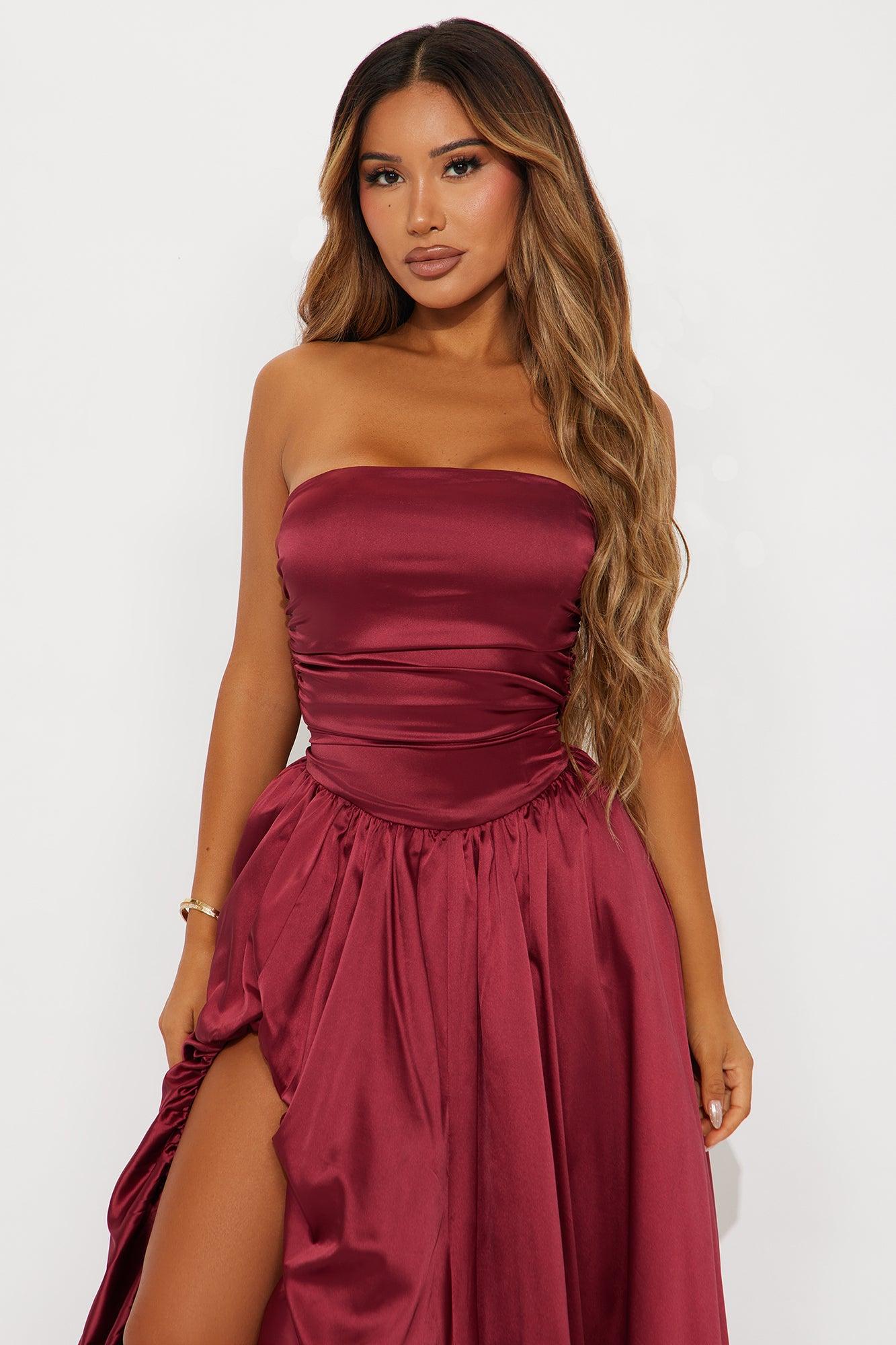 Carmen Strapless Satin Gown - Burgundy Female Product Image