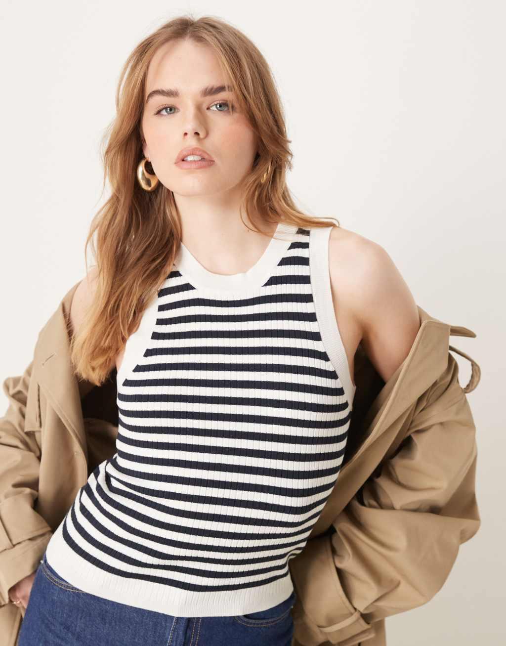 JDY ribbed knit tank top in navy stripes Product Image