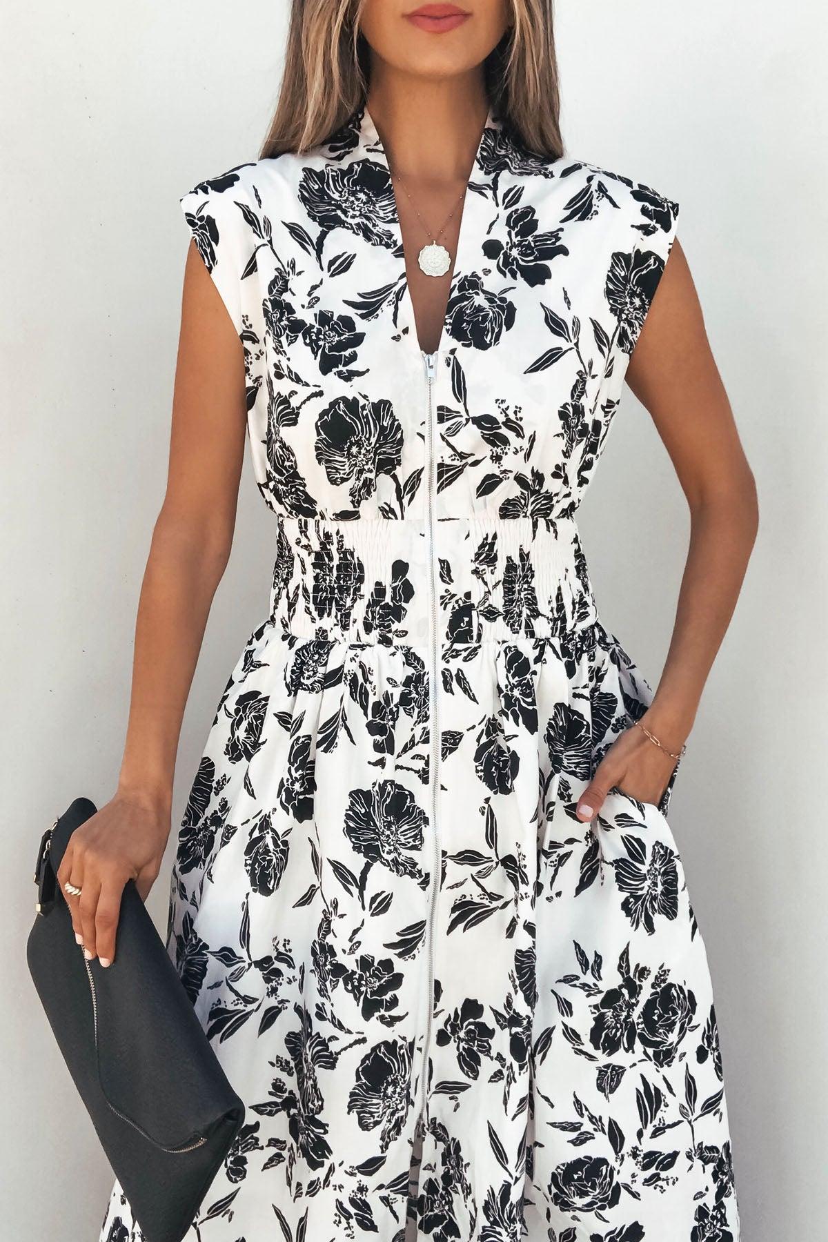 White and Black Floral Print Smocked Midi Dress Product Image
