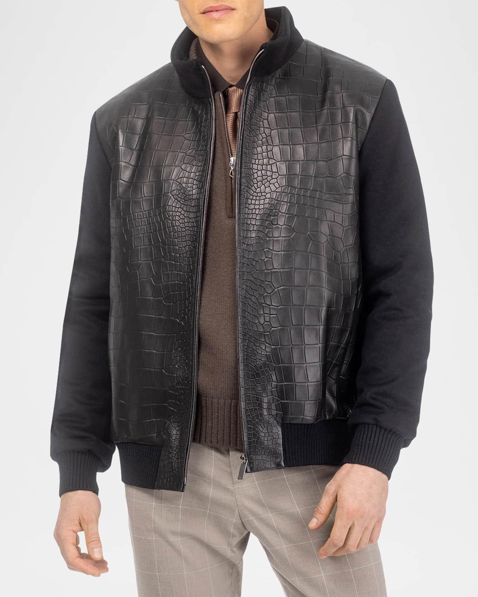 Men's Croco-Print Nappa Leather & Loro Piana Wool Bomber Jacket Product Image