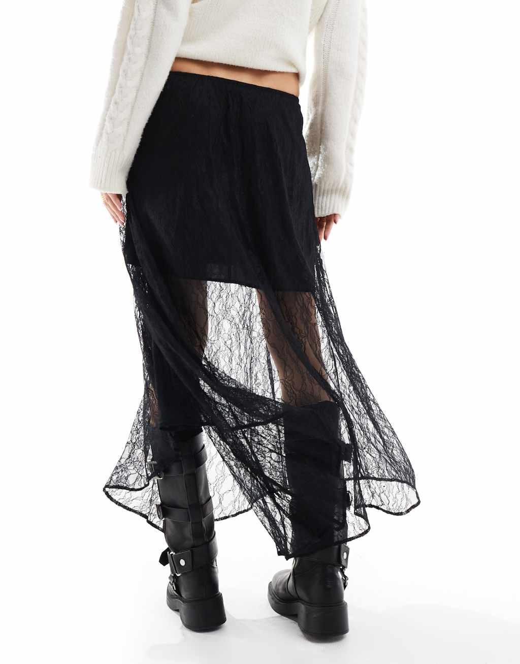 ASOS DESIGN asymmetric lace overlay midi skirt in black Product Image