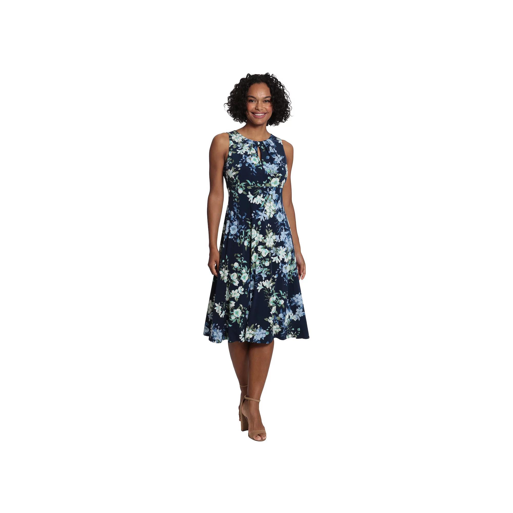 Women's London Times Empire Waist Fit & Flare Midi Dress, Size: 4, Blue Floral Product Image
