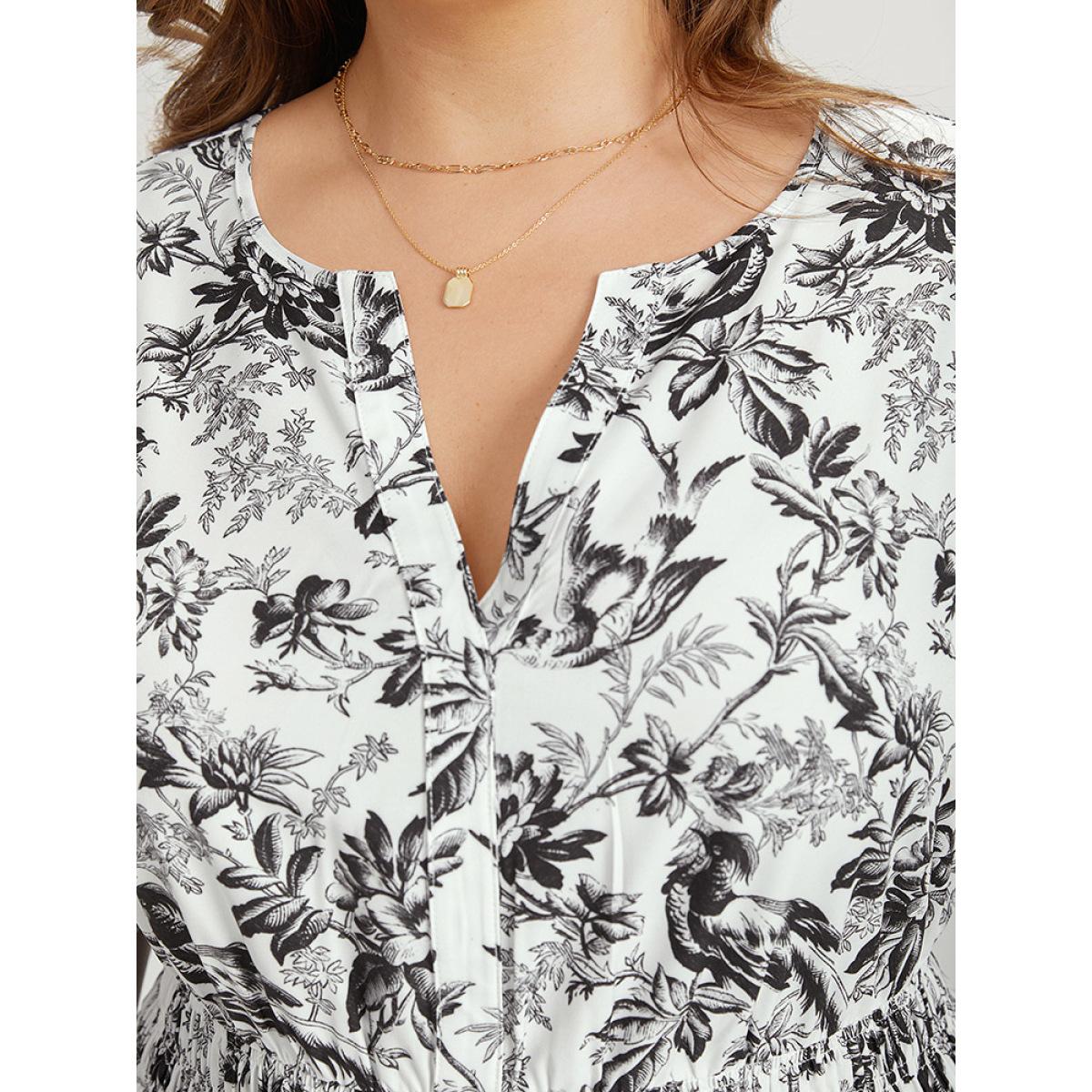 Plus Size Silhouette Floral Print Shirred Notched Pocket Ruffles Dress Black Women Elegant Shirred Notched collar Short sleeve Curvy Midi Dress BloomChic 22-24/3X Product Image