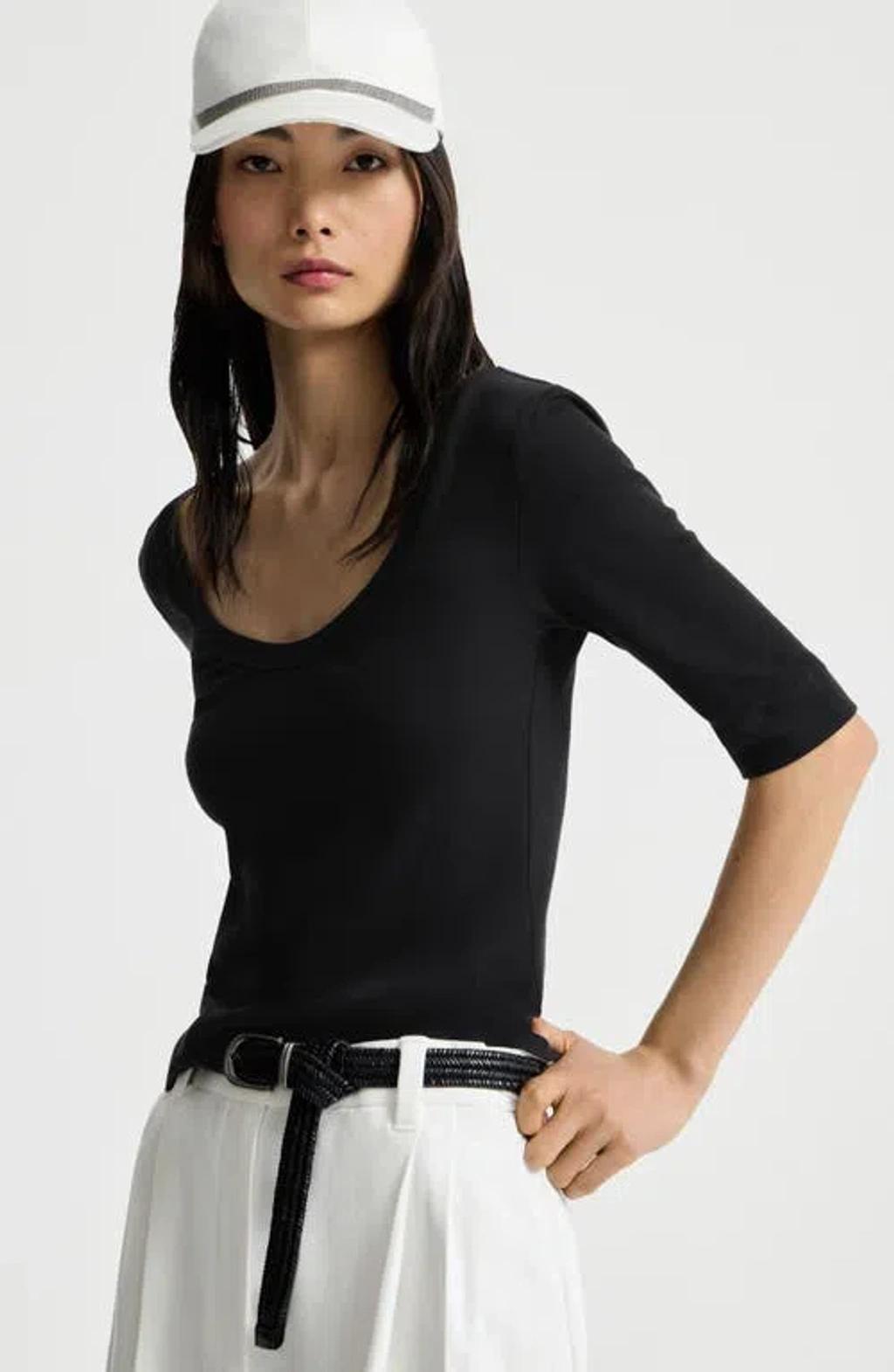BRUNELLO CUCINELLI Ribbed Scoop Neck Short Sleeve Top In Black Product Image