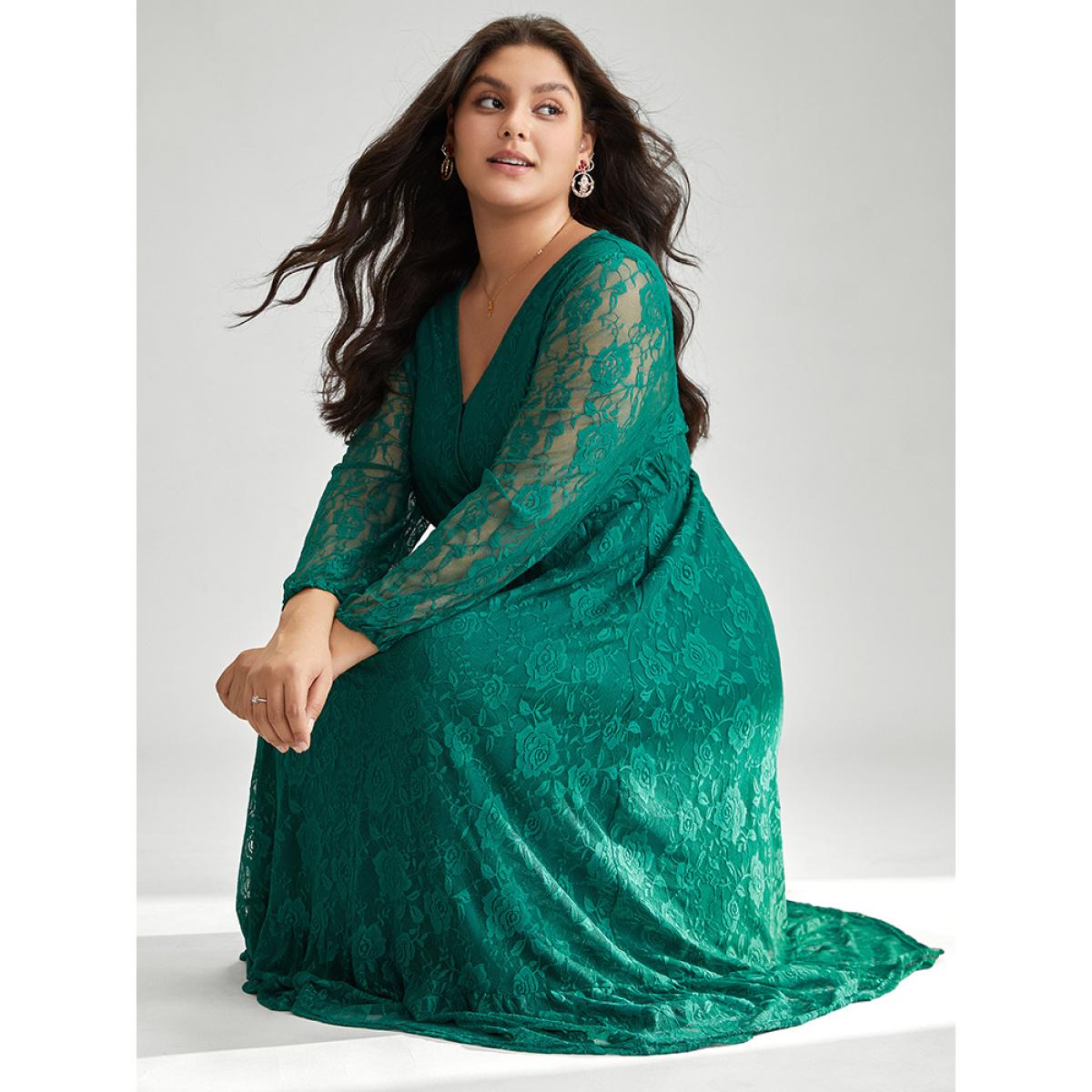 Plus Size Floral Crochet Lace Mesh Overlap Collar Dress Cyan Women Office Elastic cuffs Overlap Collar Long Sleeve Curvy Midi Dress BloomChic 22-24/3X Product Image