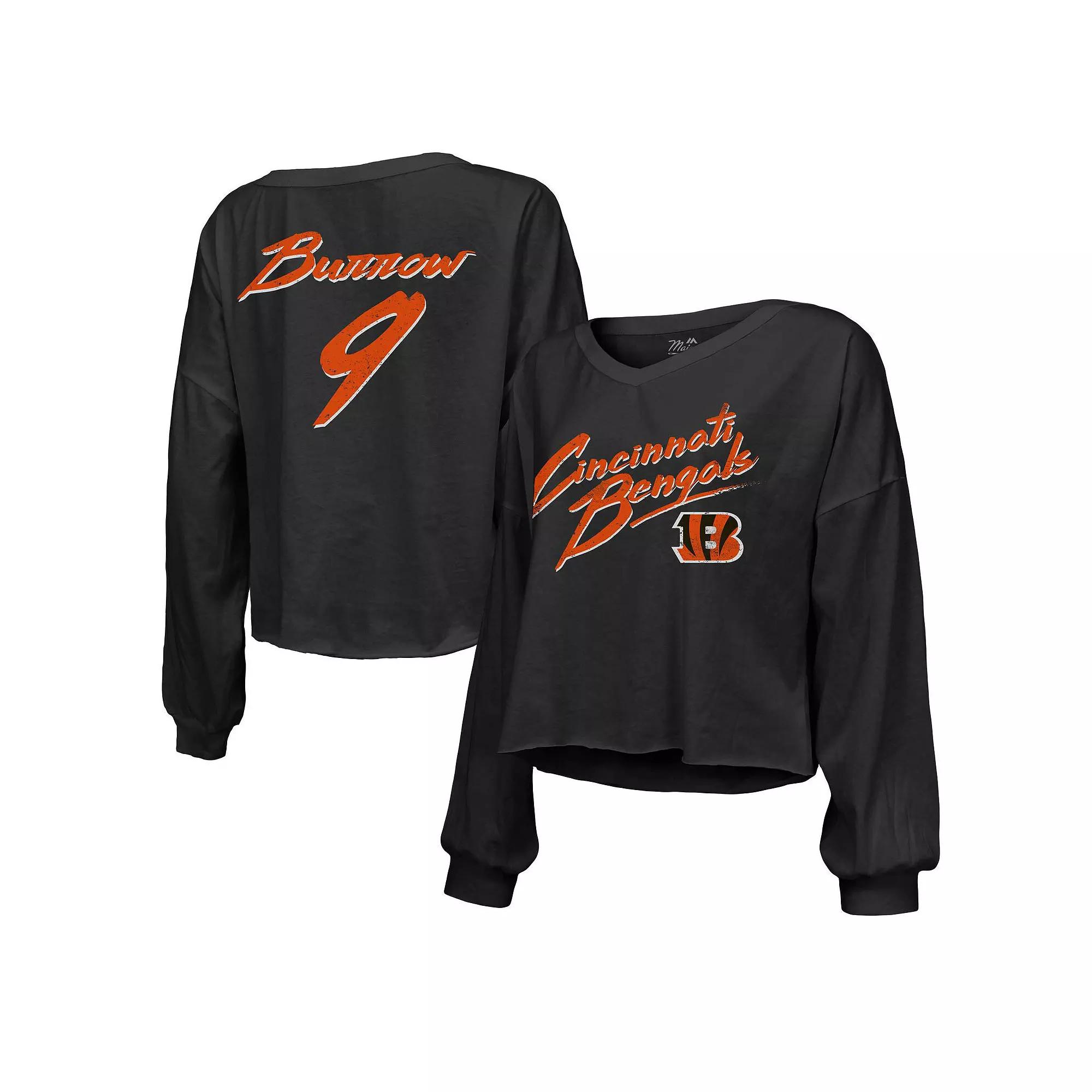 Women's Majestic Threads Joe Burrow Black Cincinnati Bengals Name & Number Off-Shoulder Script Cropped Long Sleeve V-Neck T-Shirt,  Product Image