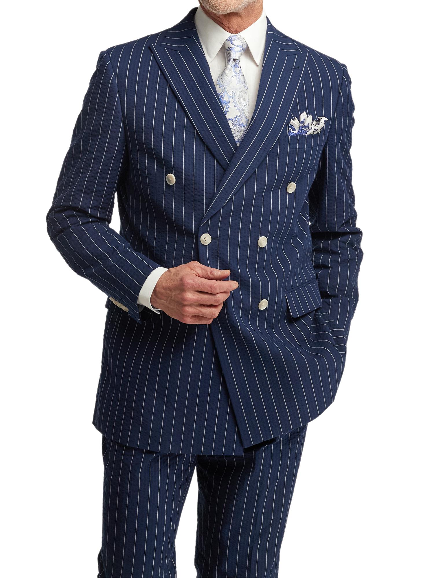 Cotton Stretch Pinstripe Seersucker Double Breasted Peak Lapel Suit Jacket - Navy Product Image