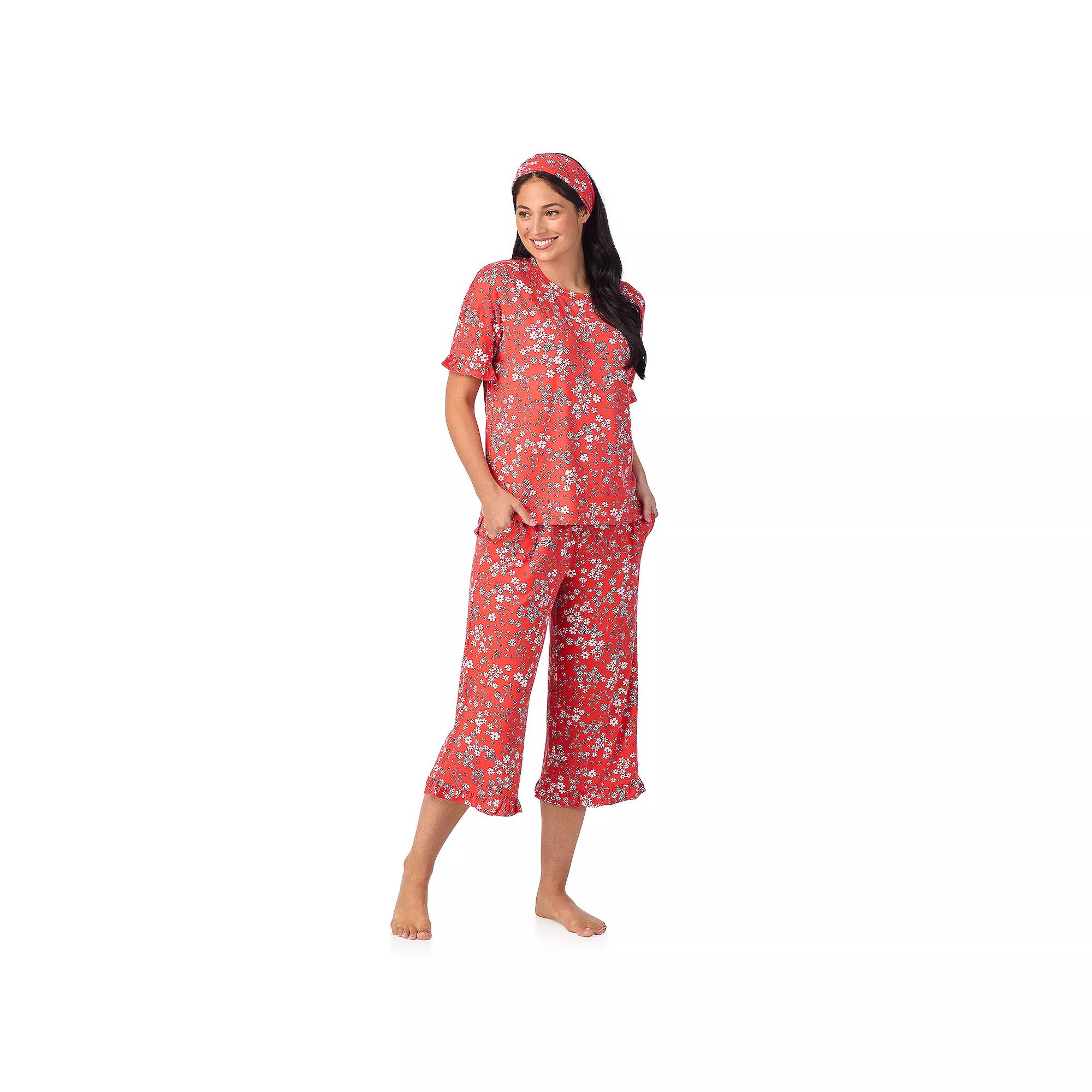 Women's Cuddl Duds® 3-Piece Short Sleeve Pajama Top, Cropped Pajama Pants & Headband Set, Size: XS, Pink Disty Product Image