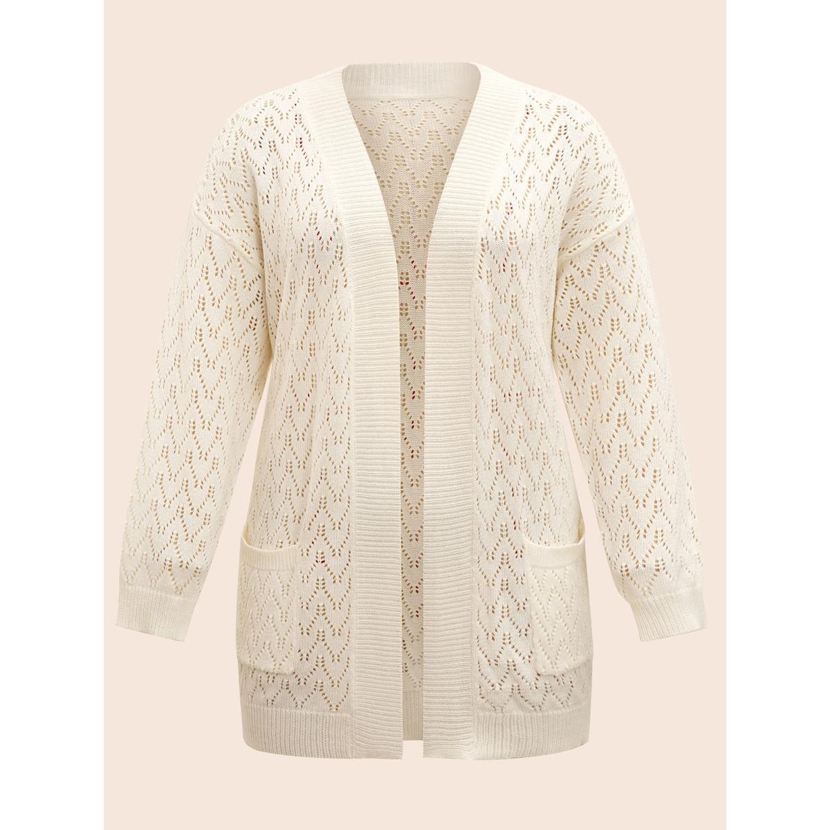 Plus Size Kimono Collar Patch Pocket Pointelle Knit Cardigan Beige Women Leisure Loose Long Sleeve Casual Cardigans BloomChic 28/5X Product Image