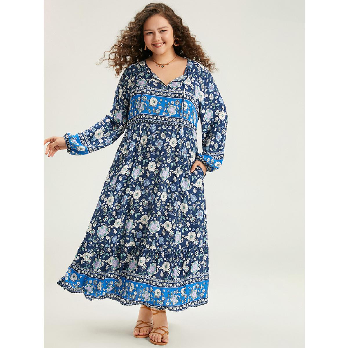 Plus Size Floral Print Pocket Knot Neck Dress Indigo Women Vacation Cross straps Tie Neck Long Sleeve Curvy Midi Dress BloomChic 26/4X Product Image