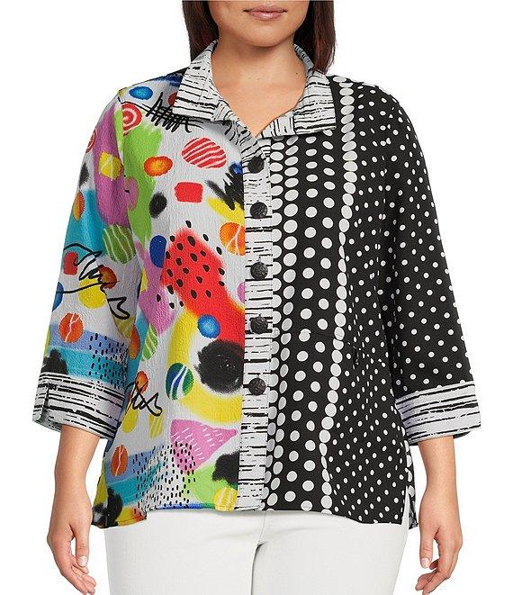 Ali Miles Plus Size Woven Printed Wire Collar 3/4 Sleeve Button Front Tunic Product Image