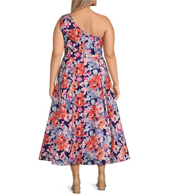 Marina Plus Size One Shoulder Floral Stretch Taffeta Dress Product Image