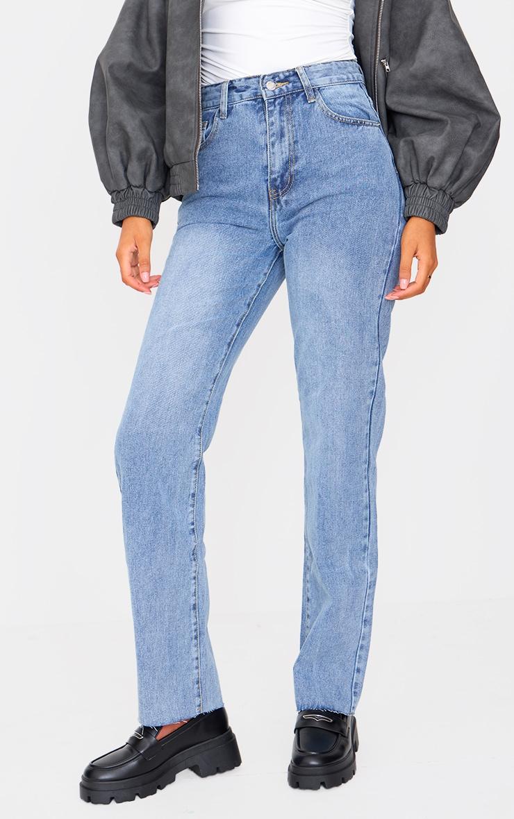 Tall Mid Blue Wash High Waist Long Leg Straight Leg Jeans Product Image