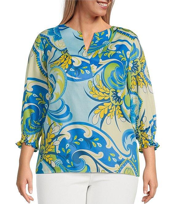 Foxcroft Plus Size Alicia Cotton Sateen Multi Flower Collage Print Split V-Neck 3/4 Sleeve Top Product Image