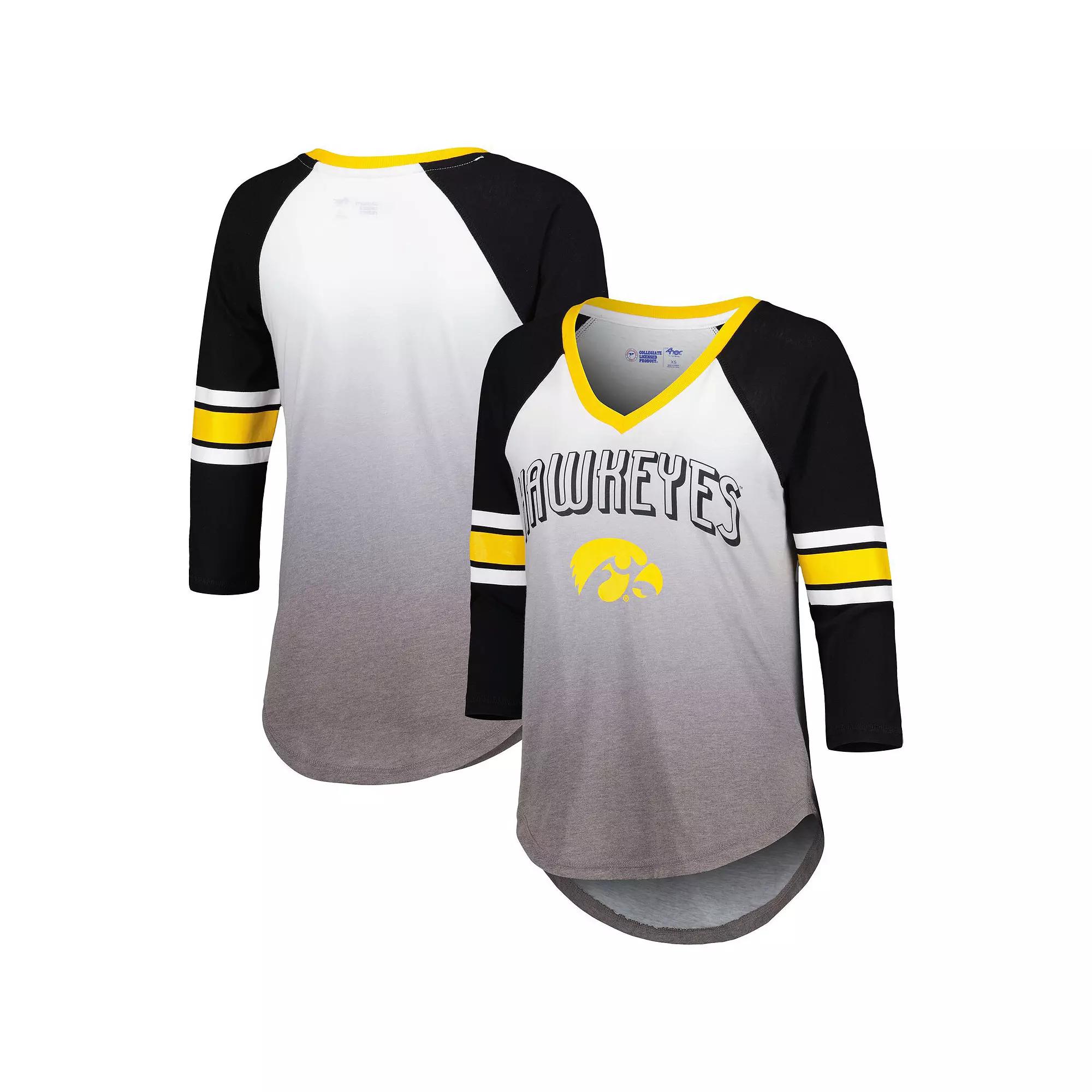 Women's G-III 4Her by Carl Banks White/Black Iowa Hawkeyes Lead Off Ombre Raglan 3/4-Sleeve V-Neck T-Shirt, Size: Small Product Image
