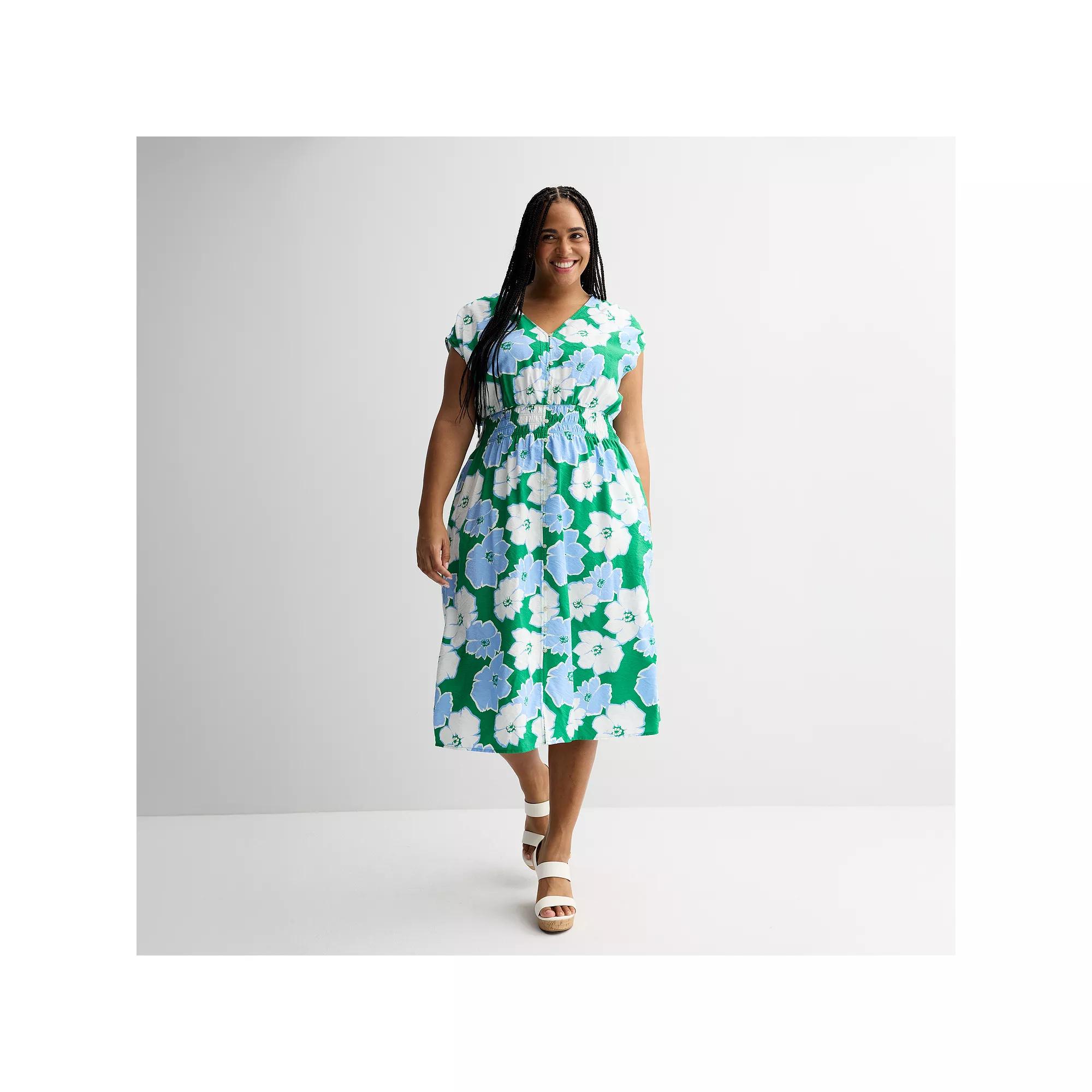 Plus Size Sonoma Goods For Life® Smocked Button-Through Midi Dress, Women's, Size: 3XL, Green Peri Floral Product Image
