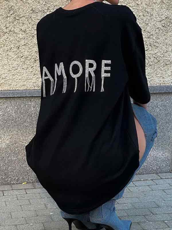 Letter Print Diamond Oversized Short Sleeve Tee Product Image