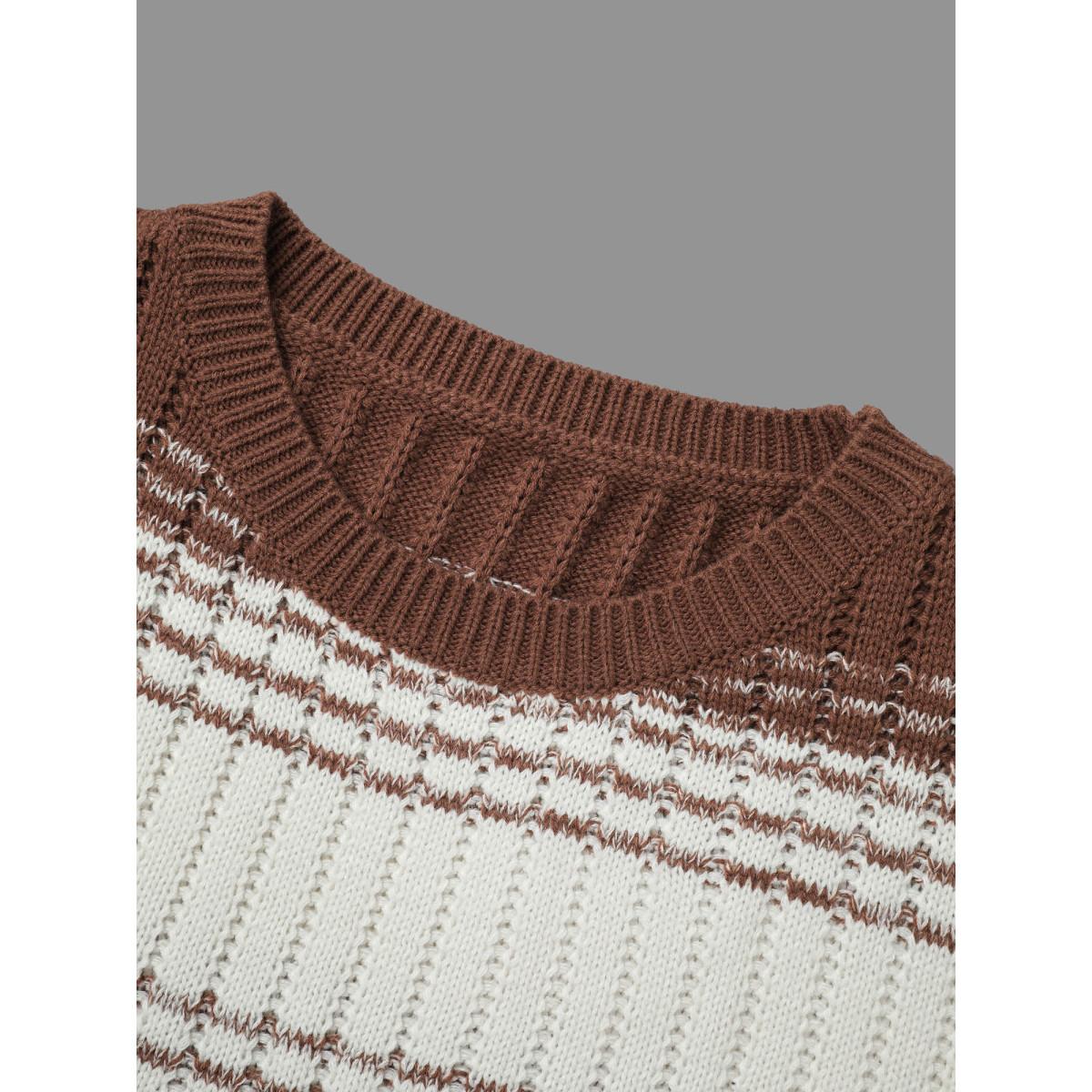 Plus Size Contrast Textured Crew Neck Pullover Browncoffeecolor Women Casual Loose Long Sleeve Round Neck Everyday Pullovers BloomChic 22-24/3X Product Image