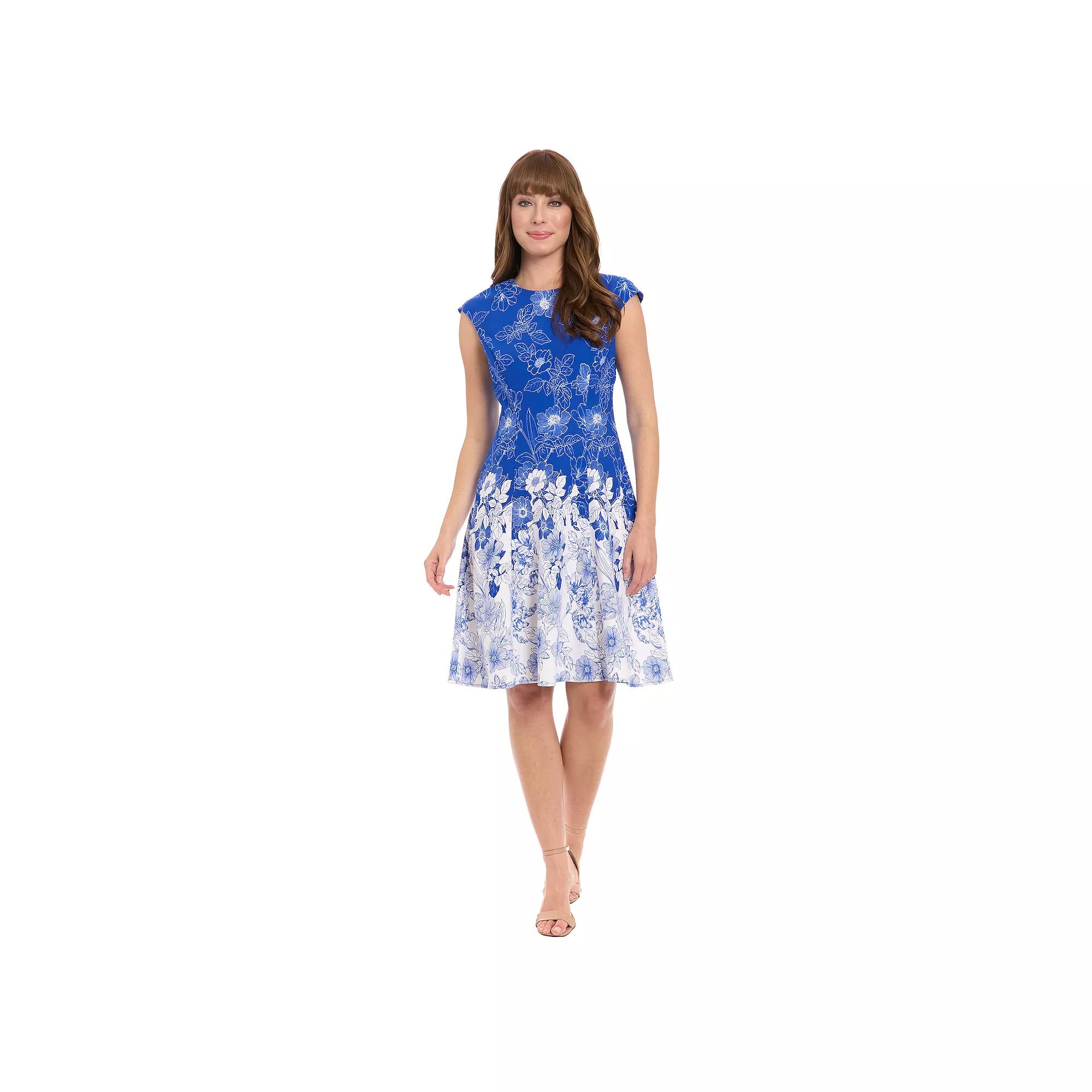 Petite London Times Cap Sleeve Fit And Flare Midi Dress, Women's, Size: 10 Petite, Blue Ivory Product Image