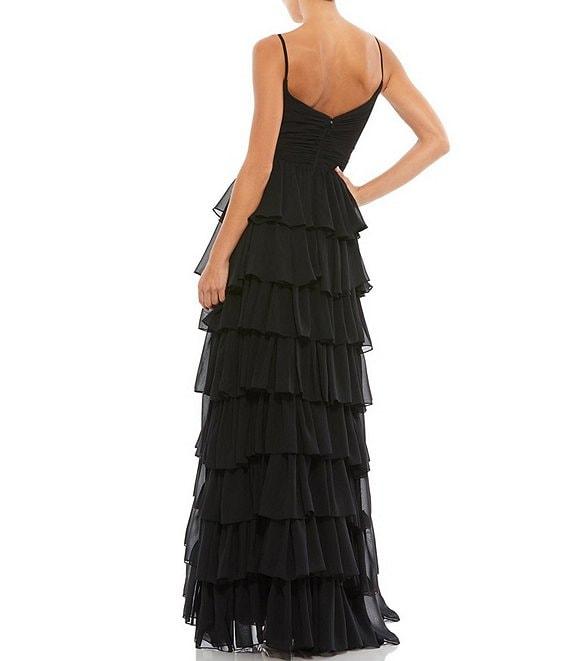 Mac Duggal Tiered Ruffle V-Neck Sleeveless V-Back Thigh High Slit A-Line Gown Product Image